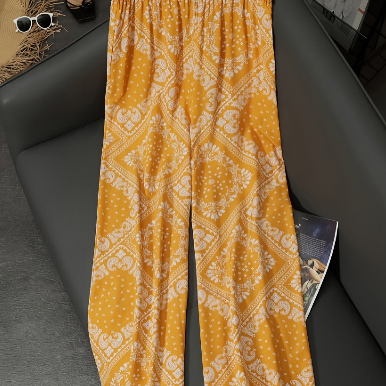 Boho Style Plus Size Wide Leg Pants with Pockets