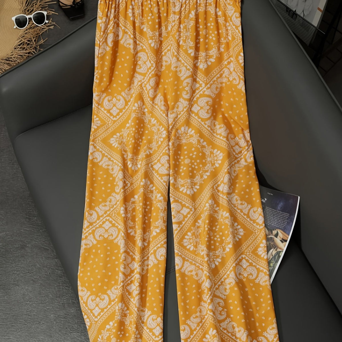 Boho Style Plus Size Wide Leg Pants with Pockets