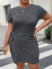  Casual Stripe Print Short Sleeve Wrap Bodycon Dress