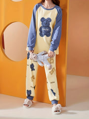 Bear Print Pajama Set Long Sleeve Top & Pants Women's Sleepwear