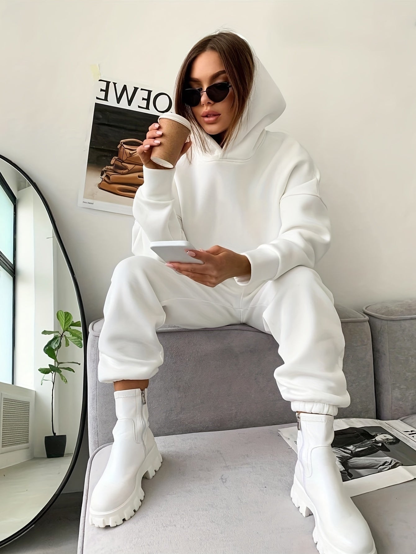 Solid Hoodie & Jogger Pants Set, Women's Clothing