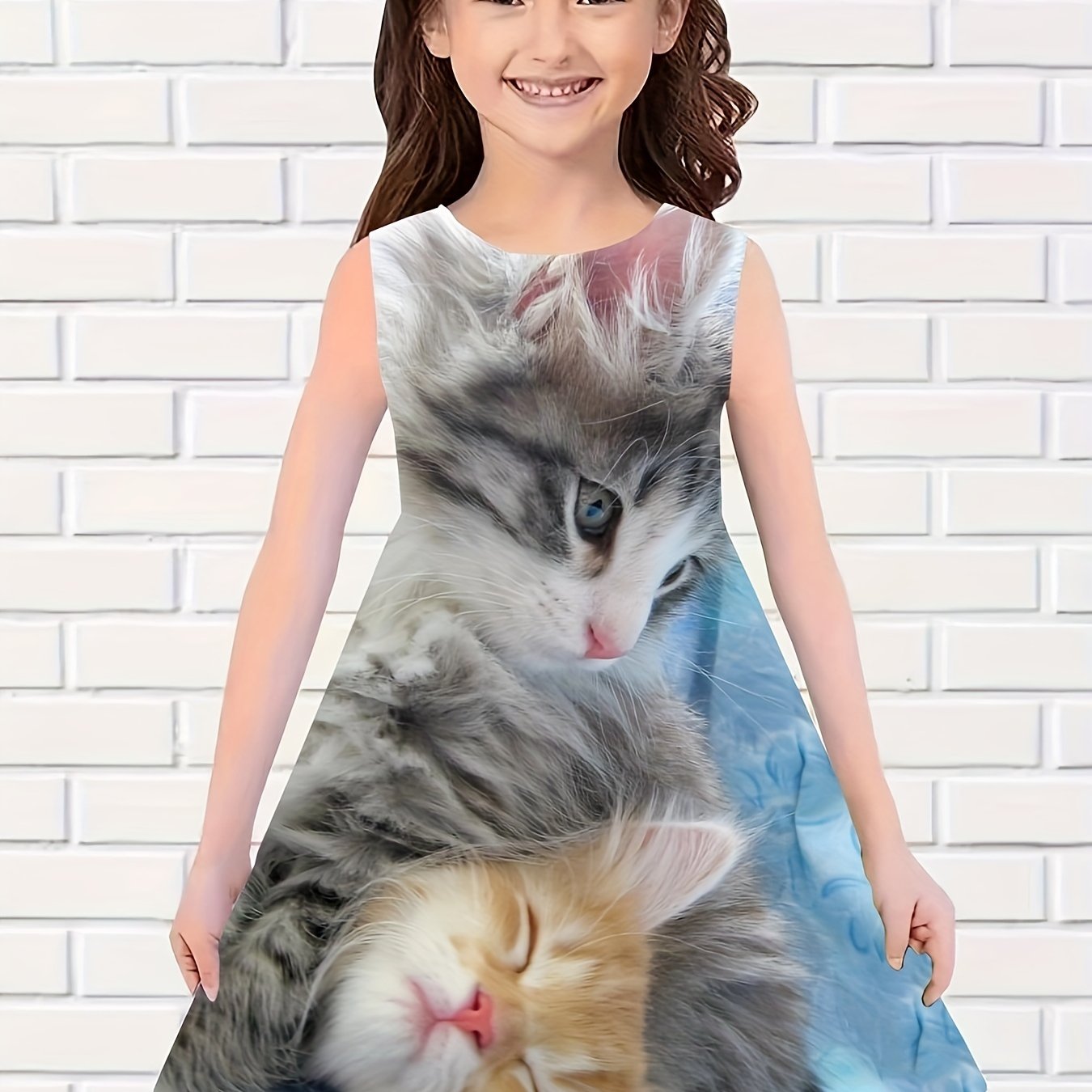 Casual Kitty Print Dress Girls Summer Party Gift