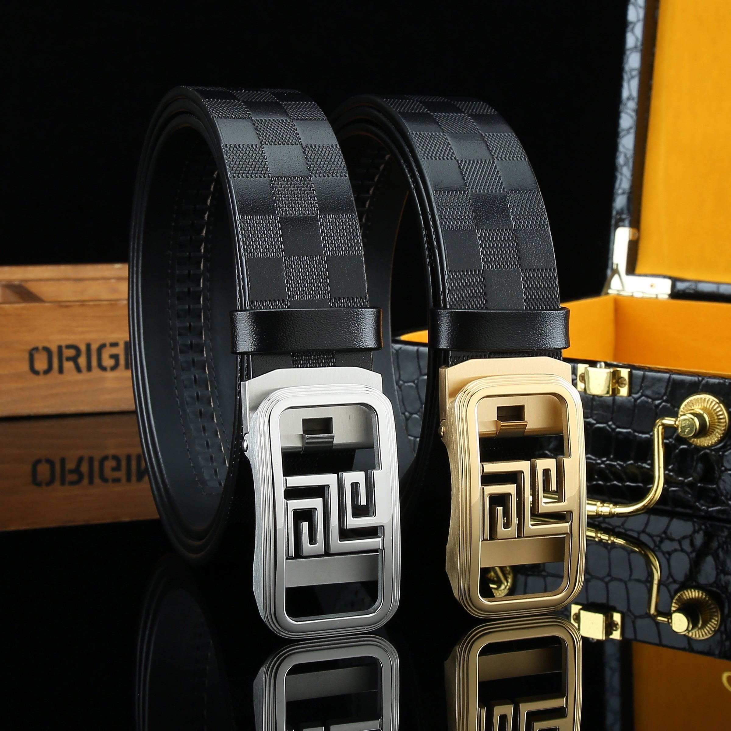 Men's Automatic Buckle Belt Cowhide Checkerboard Pattern Width 3 1/4in