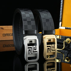 Men's Automatic Buckle Belt Cowhide Checkerboard Pattern Width 3 1/4in