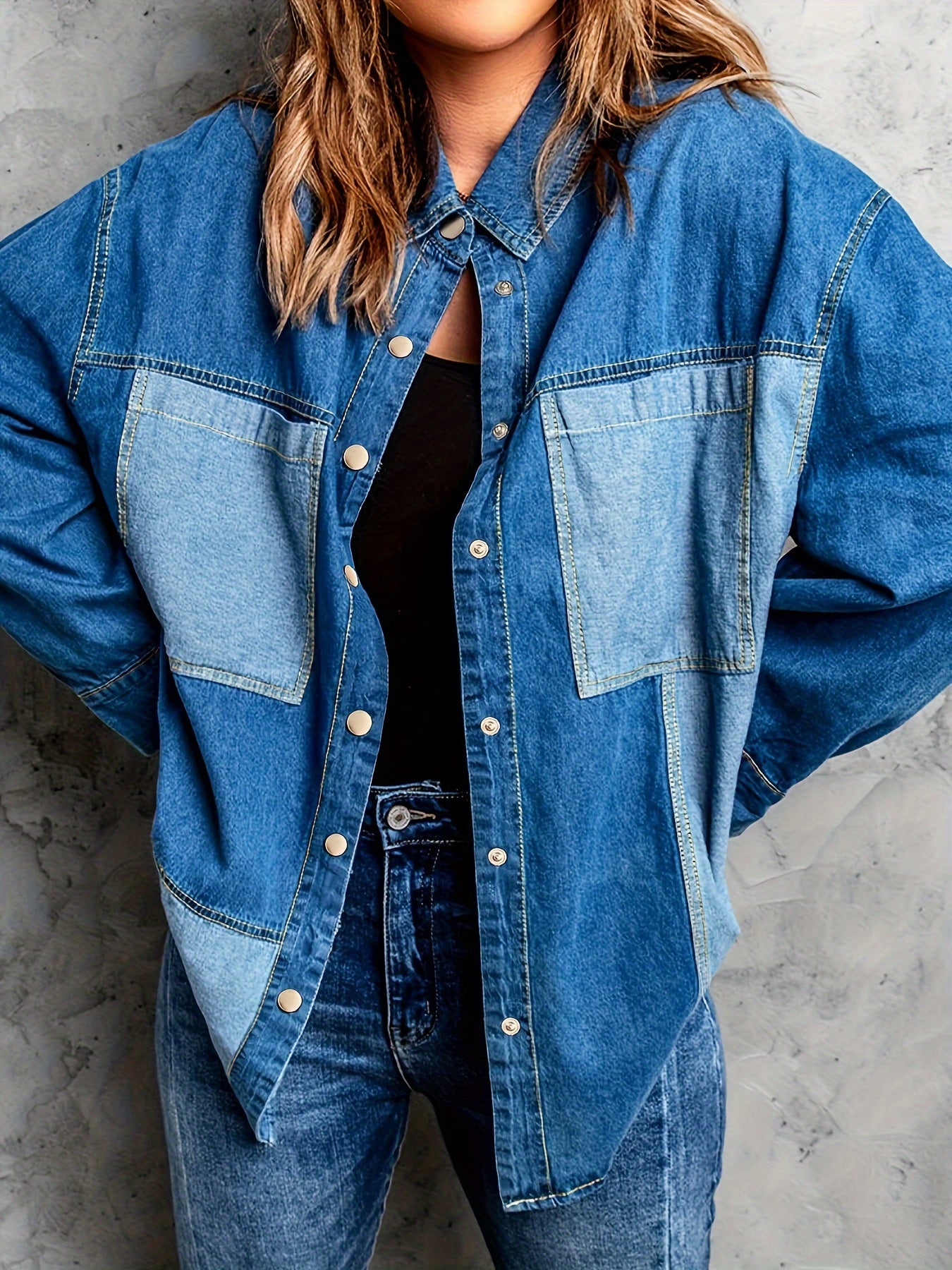  Colorblock Denim Top Women's Long Sleeve Button Up Loose Fit Shirt