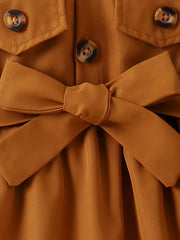 Toddler Girls Collared Bow Waist Shirt Dress With Pockets