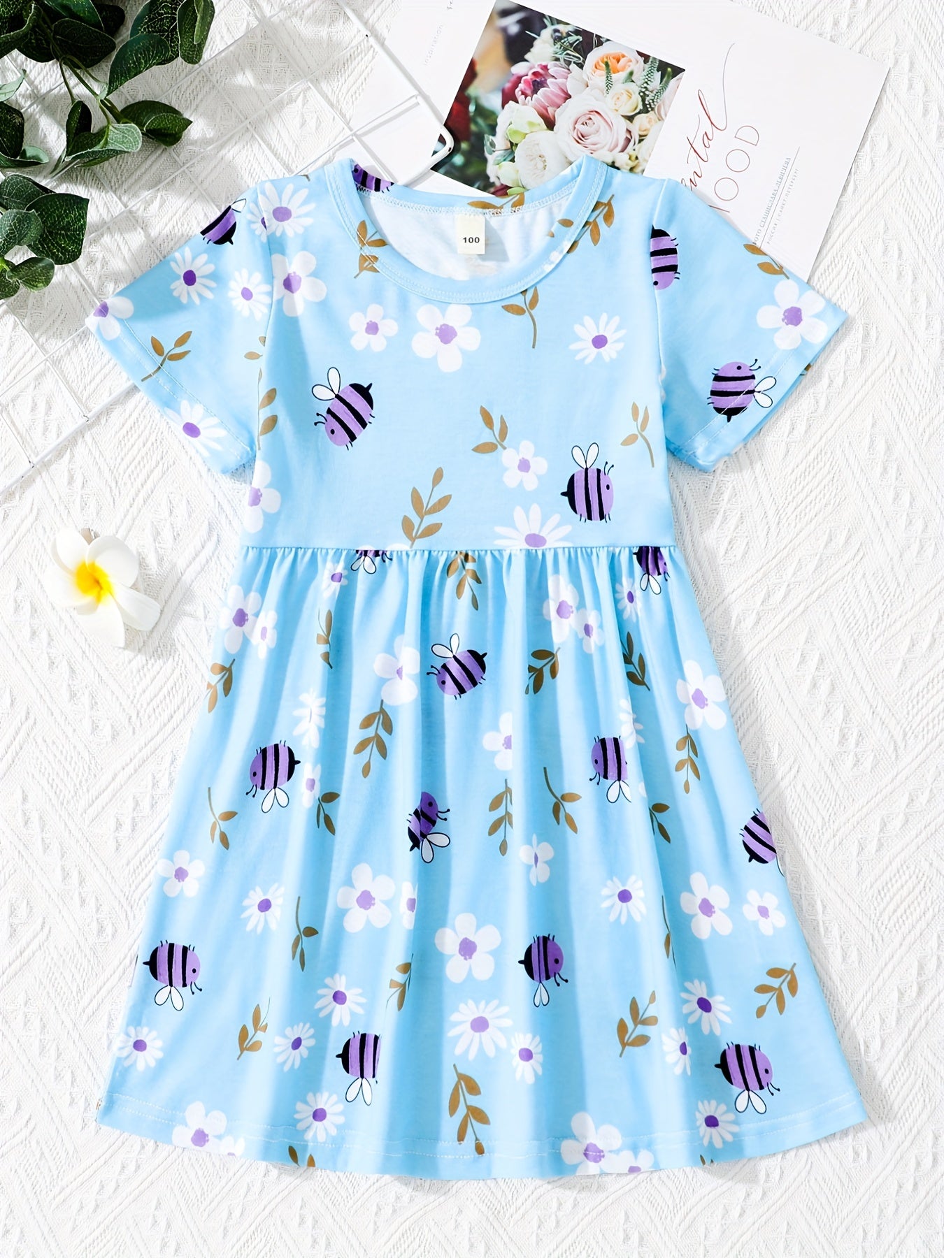 Girls' Bee And Floral Graphic Short Sleeve Skater Dress