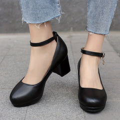 Women's Mid Chunky Heels Comfortable Closed Toe Buckle Strap Shoes