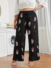 Women's Plus Feather Print High Rise Wide Leg Pants