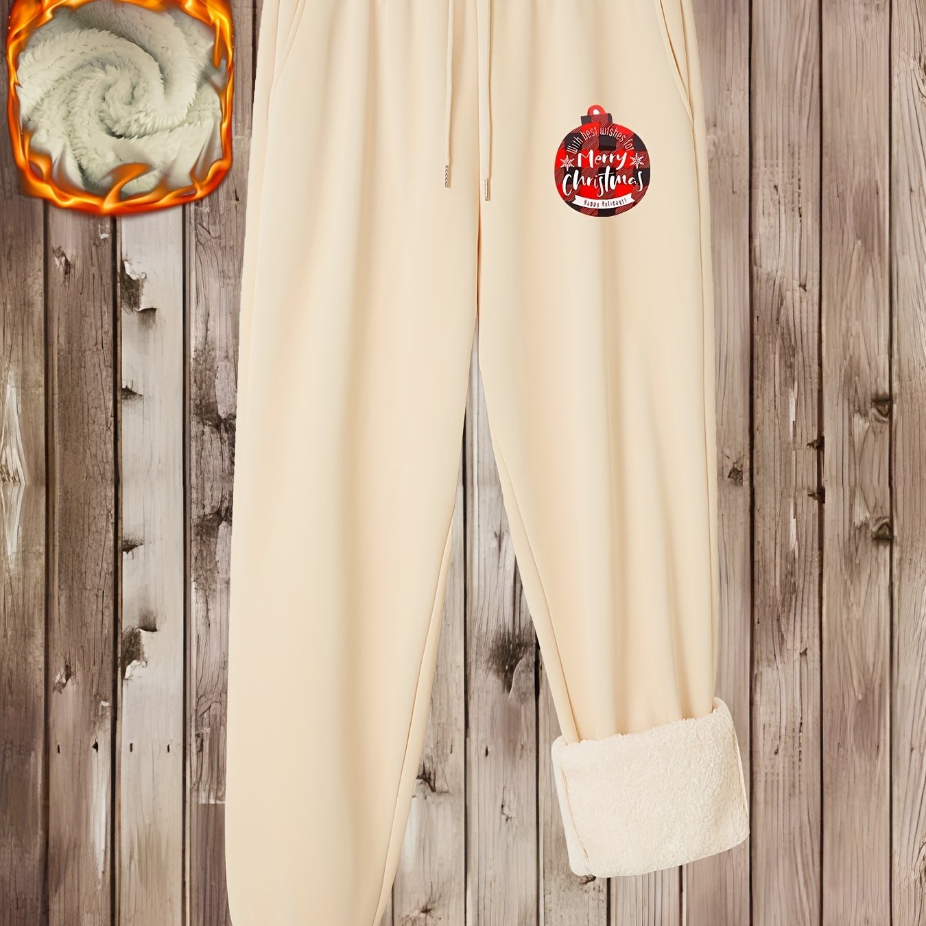  Christmas Casual Pants Women's Plus Slogan Print Fleece Liner