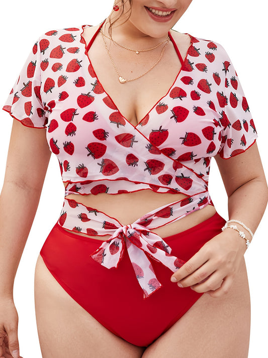  Strawberry Print Swimsuit Set High Stretch 3pcs Set