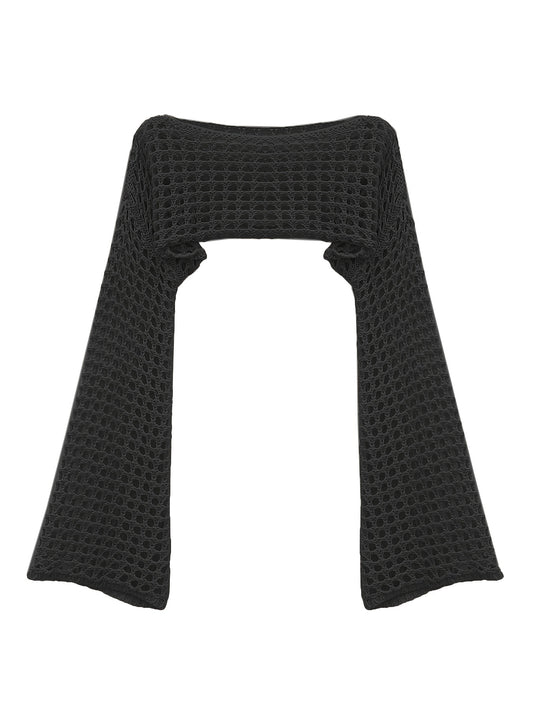Y2K Crochet Cropped Knit Sweater Crew Neck Flared Sleeve