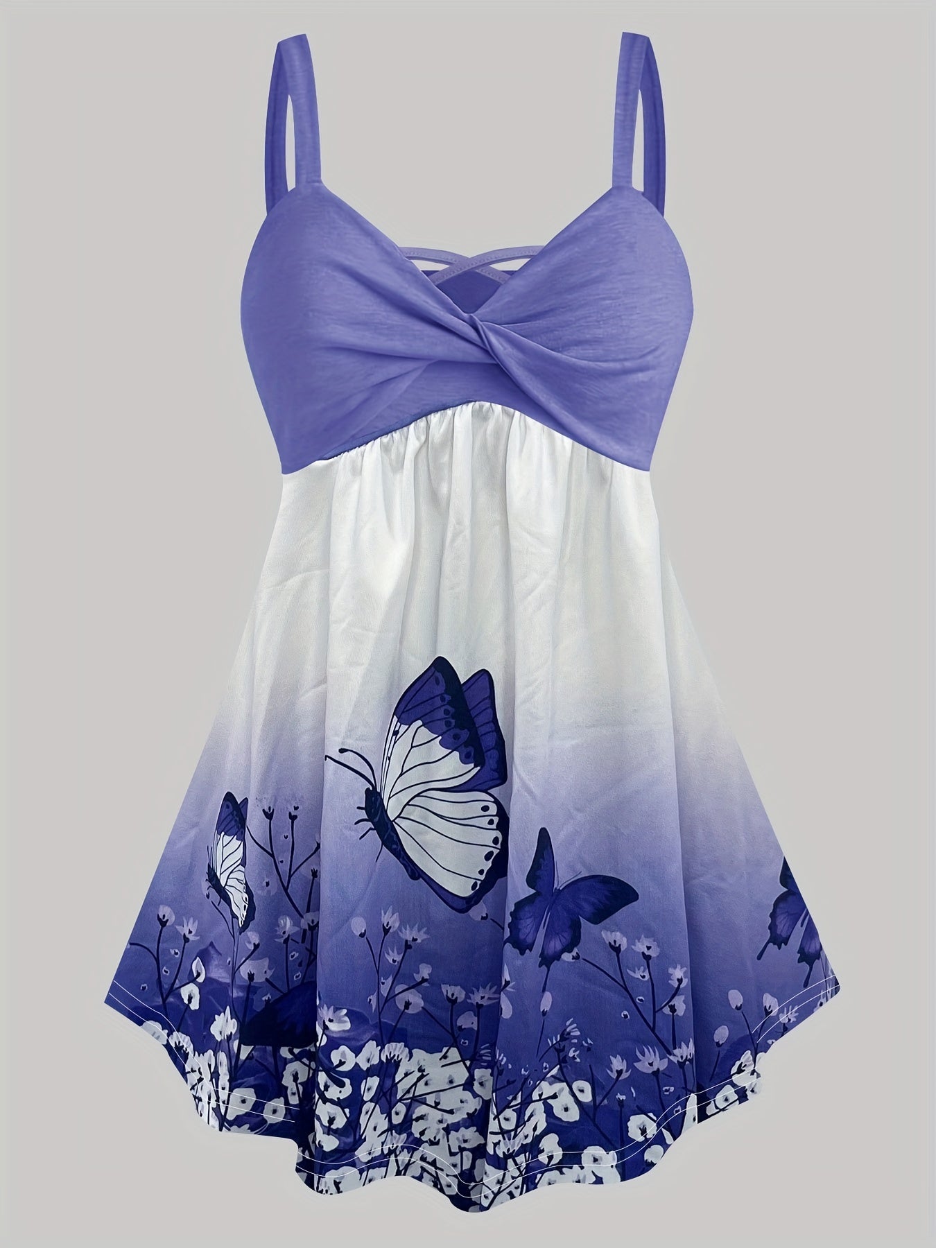 Butterfly Print Sleeveless Cami Top Criss Cross V Neck Cami Top