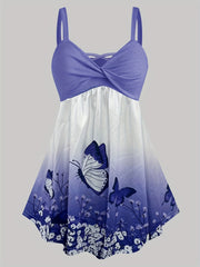 Butterfly Print Sleeveless Cami Top Criss Cross V Neck Cami Top