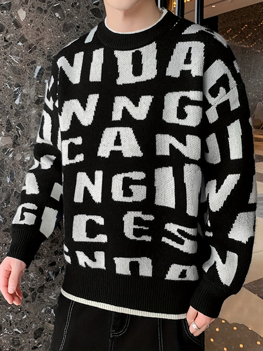 Knitted Letter Print Sweater Men's Casual Round Neck Pullover Sweater
