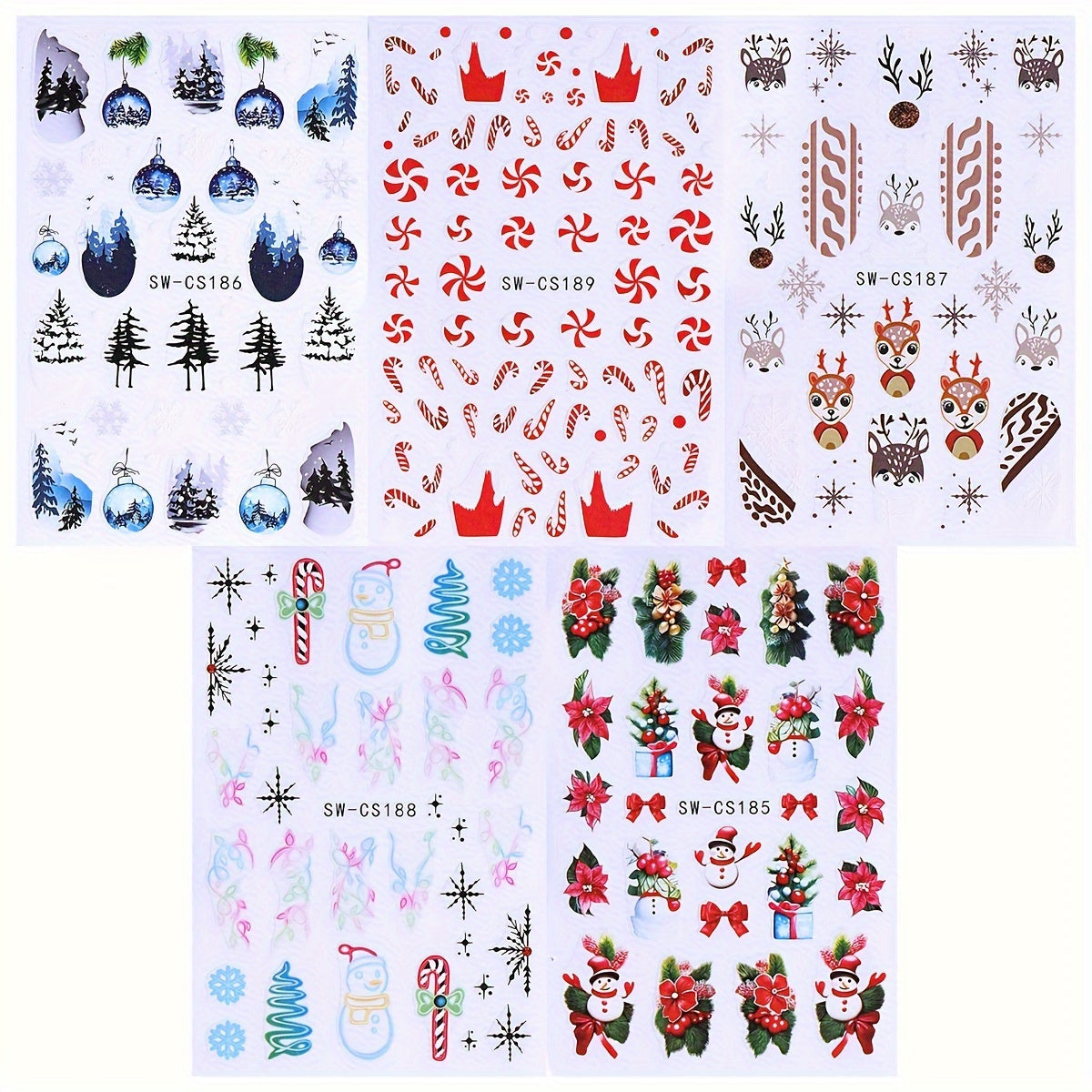 5pcs Christmas Nail Art Stickers Snowman Candy Cane Self Adhesive Embell