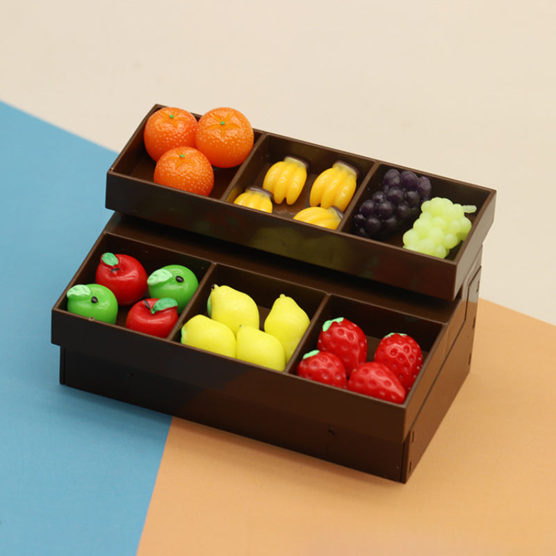 2 Tier Dollhouse Fruit Snack Shelf Dark Brown Plastic Model with Colorful Fruits