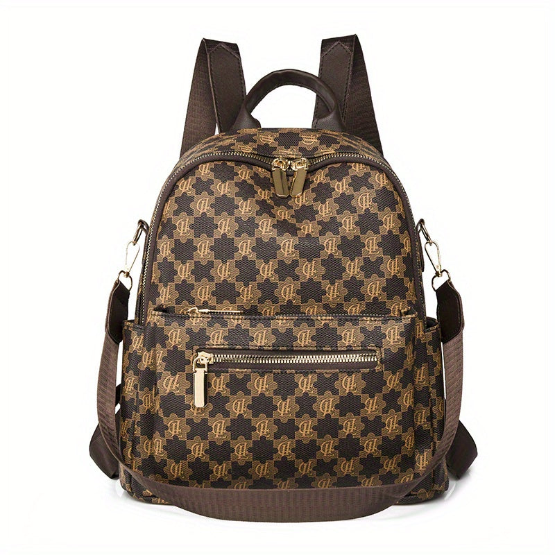 Vintage Geometric Print Backpack Retro PU Leather Daypack