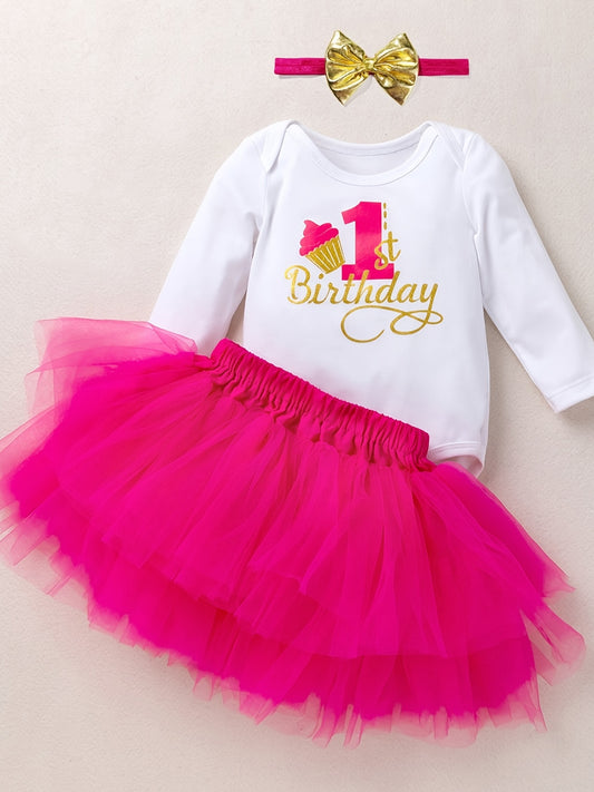 3pc Baby Girls Long Sleeve Onesie Set with Mesh Skirt & Headband