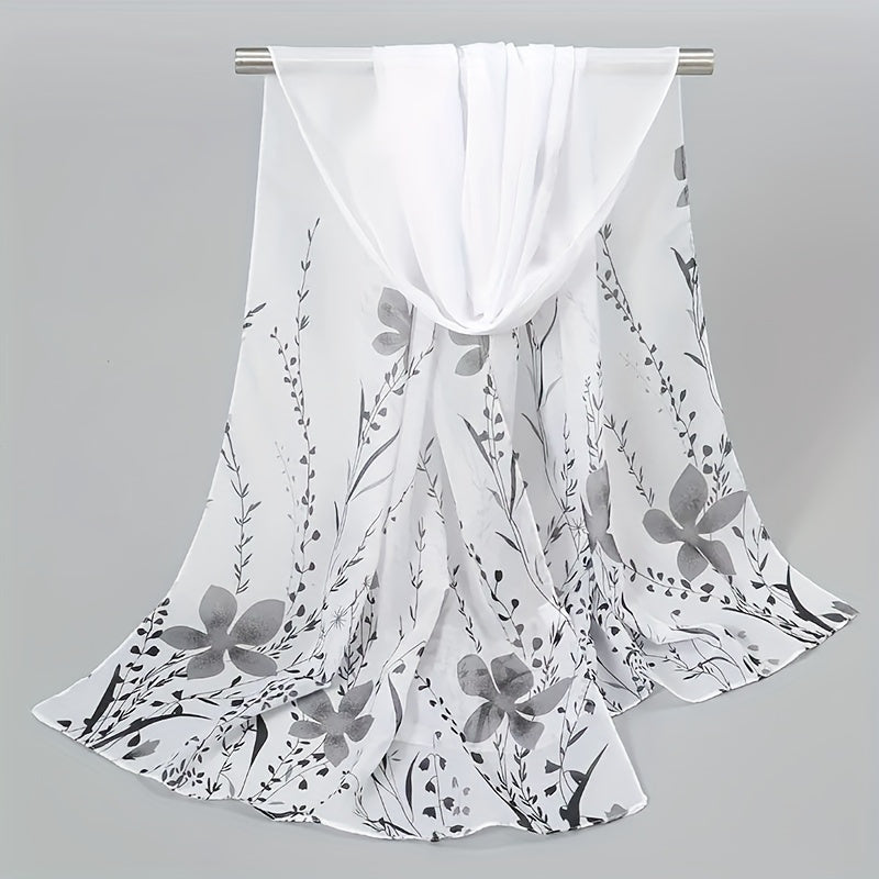 Flower Print Chiffon Scarf Solid Classic Thin Shawl Breathable Gauze Head Wrap