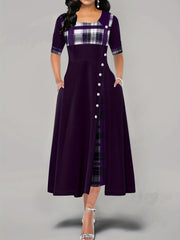 Plaid Print Splicing Dress Casual Crew Neck Short Sleeve Summer Asymmetrical Dre