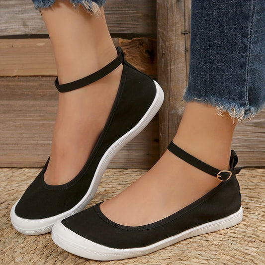 Women's Black Canvas Casual Buckle Strap Flat Shoes