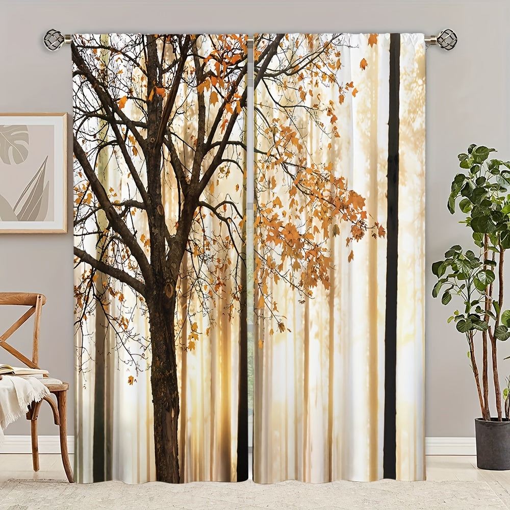 Autumn Maple Leaf Printed Curtains Rod Pocket Polyester Material