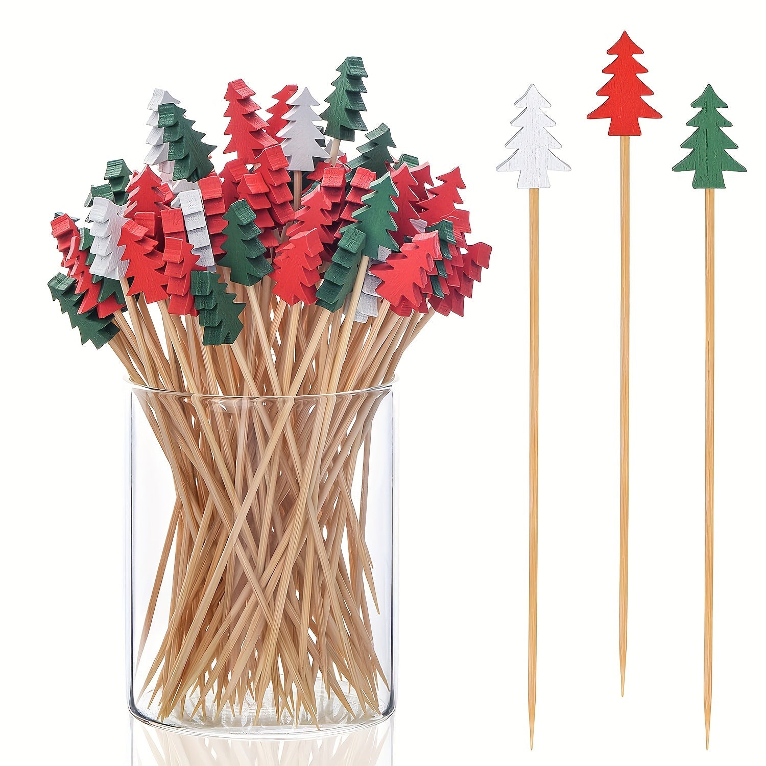 50 Pack Christmas Tree Cocktail Picks Bamboo Toothpicks with Leaf