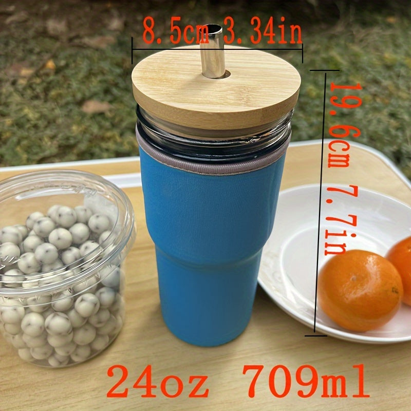 24oz Glass Cup With Cup Sleeve and Stainless Steel Straw
