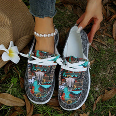 Cow Head Canvas Shoes Low Top Lace Up Walking Shoes