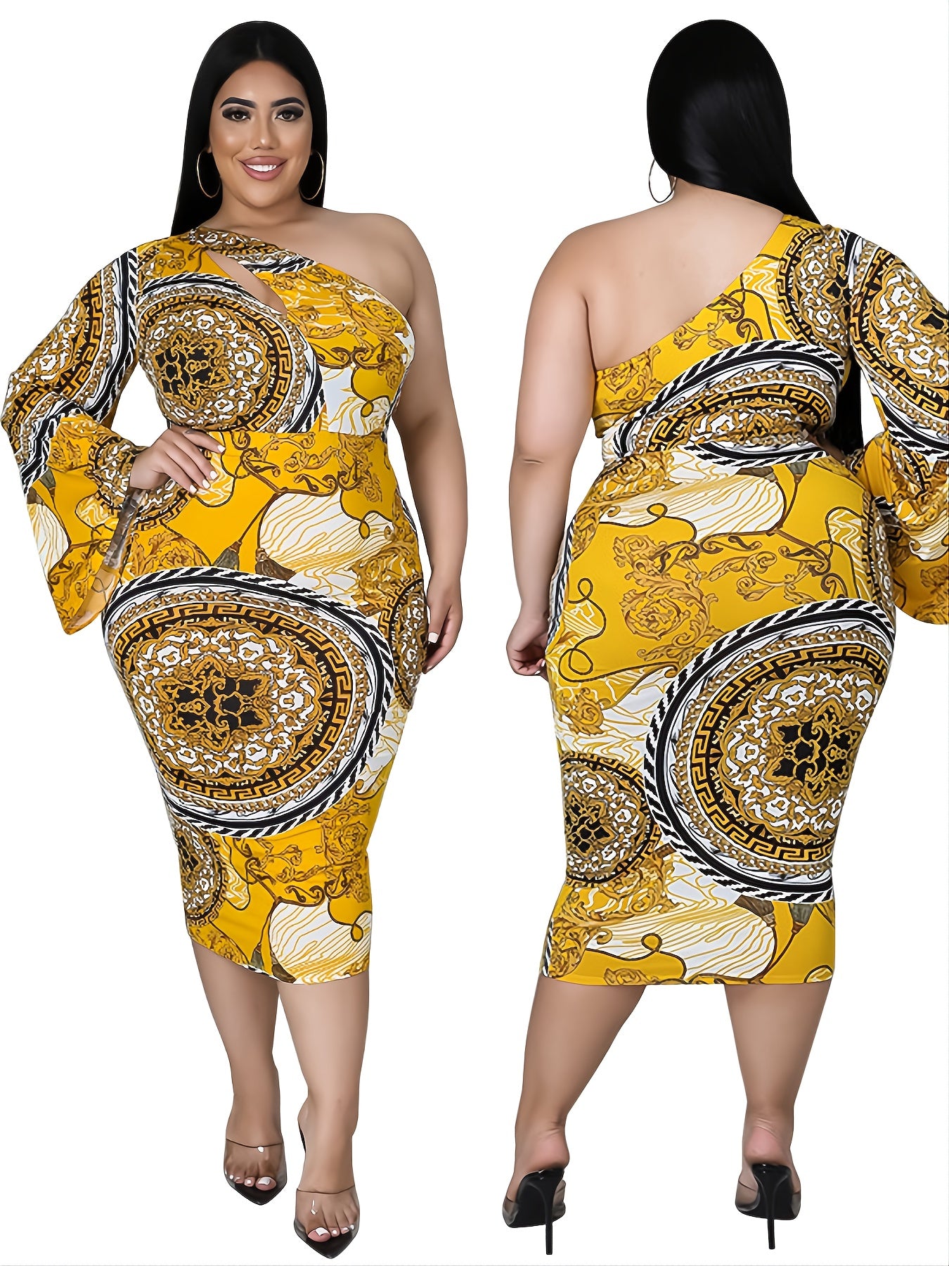 Floral Print One Shoulder Bell Sleeve Midi Dress Plus