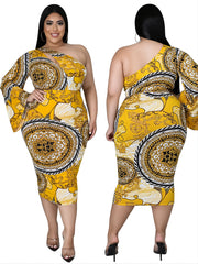 Floral Print One Shoulder Bell Sleeve Midi Dress Plus