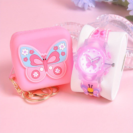 Girls' 3D Butterfly Silicone Strap Watch with LED Flash Quartz Wristwatch Set