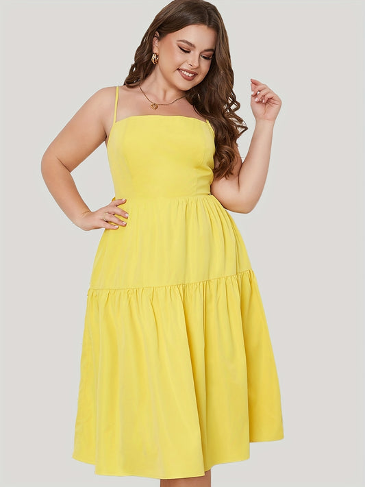  Solid Square Neck Bow Knot Back Midi Dress