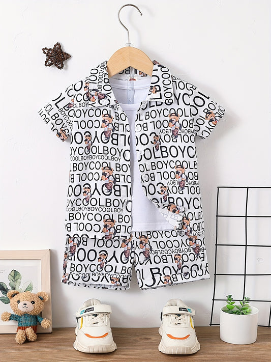 Boys Letter & Bear Print Outfit Short Sleeves Shirt & Shorts Set