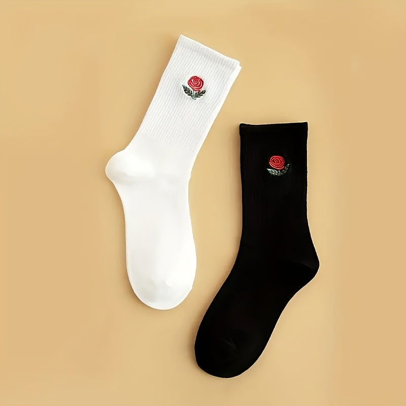 2 Pairs Floral Embroidery Socks Comfy & Breathable Mid Tube Women's Stockings