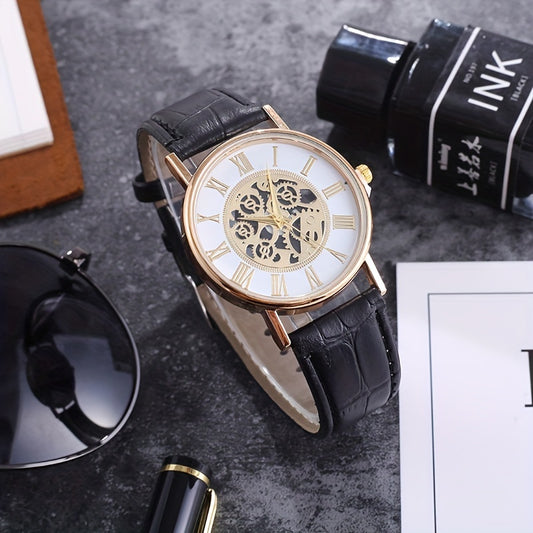 Leisure Couple Watch Roman Hollow Mechanical Quartz Leather Strap