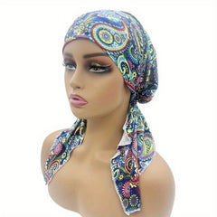 Paisley Print Head Wrap Casual Elastic Turban Soft Long Tail Bonnet