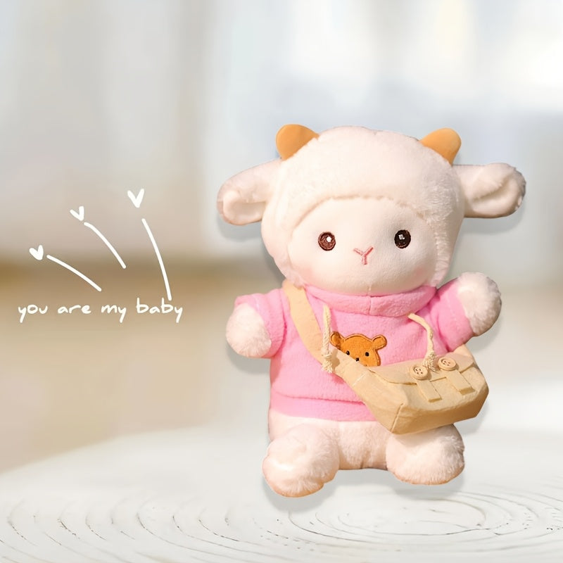 7.87in Plush Lamb Doll with Brown Horns & Bear Pattern Clothes Shoulder Bag