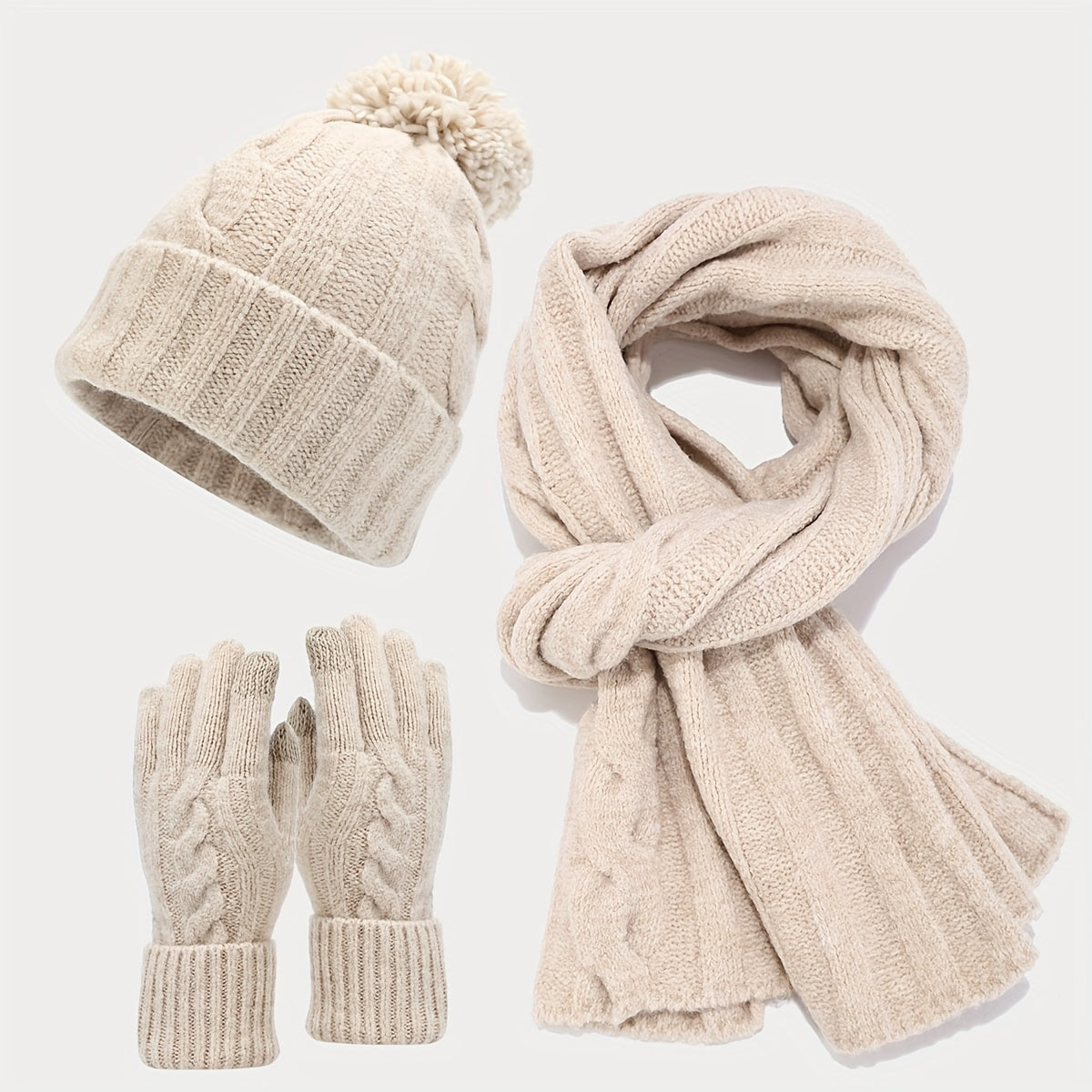 Fashionable Knitted Hat Scarf Gloves Set Warm Winter Set