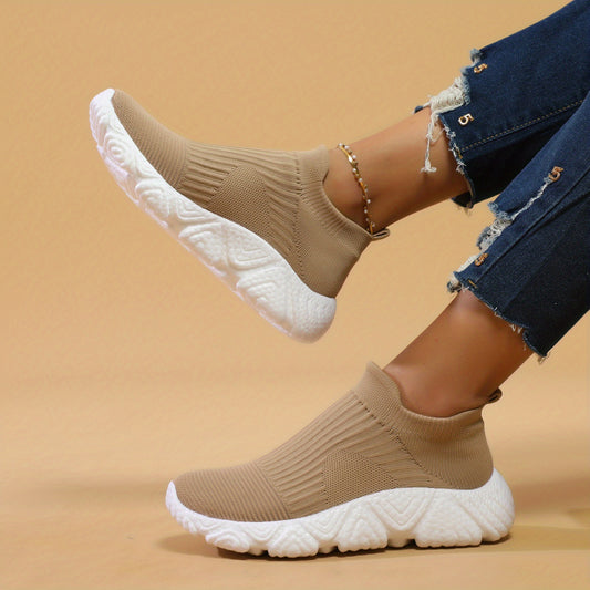 Khaki Slip On Socks Shoes Thick Bottom Breathable Running Shoes