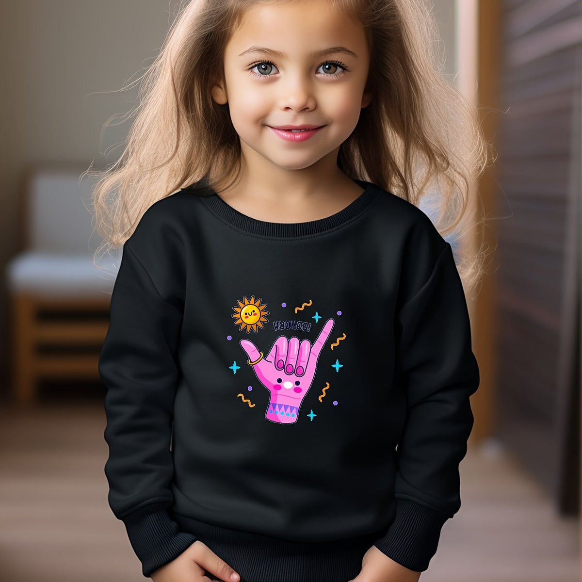 Cartoon Hand Print Girls Casual Pullover Sweatshirt