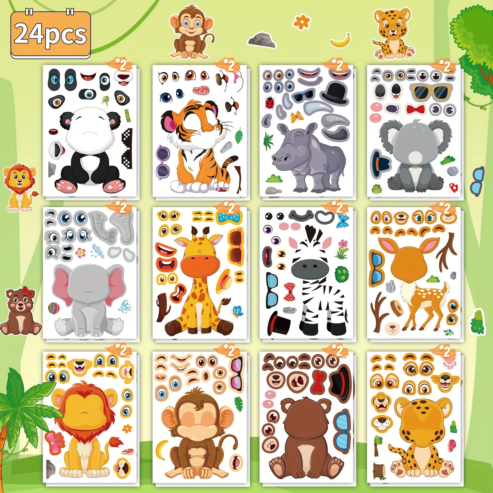 24pcs Animal Face Changing Stickers Fun Toy Patterns Non Repea