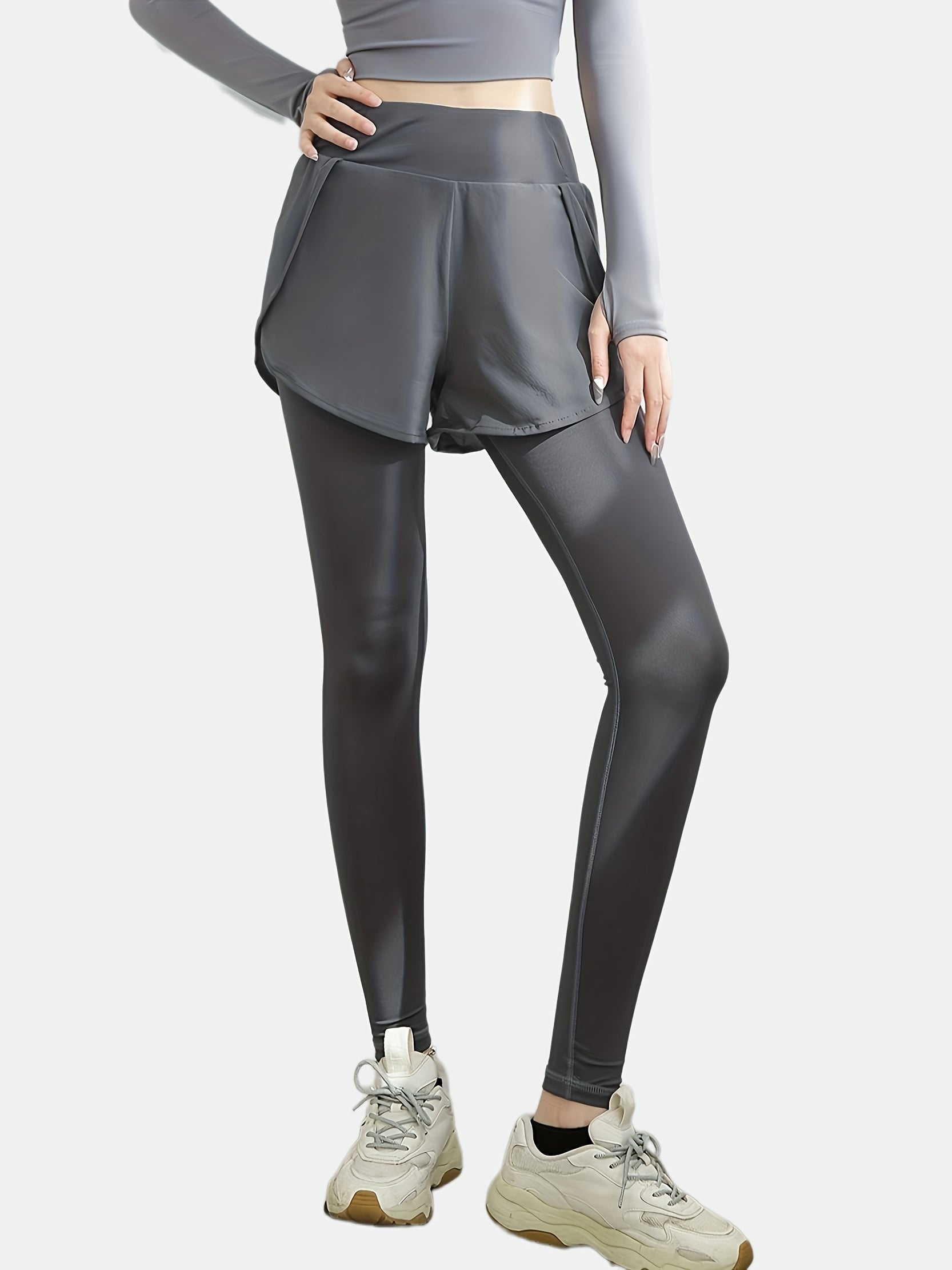 High Waist Yoga Sports Pants with Side Pockets Solid Leggings Skorts