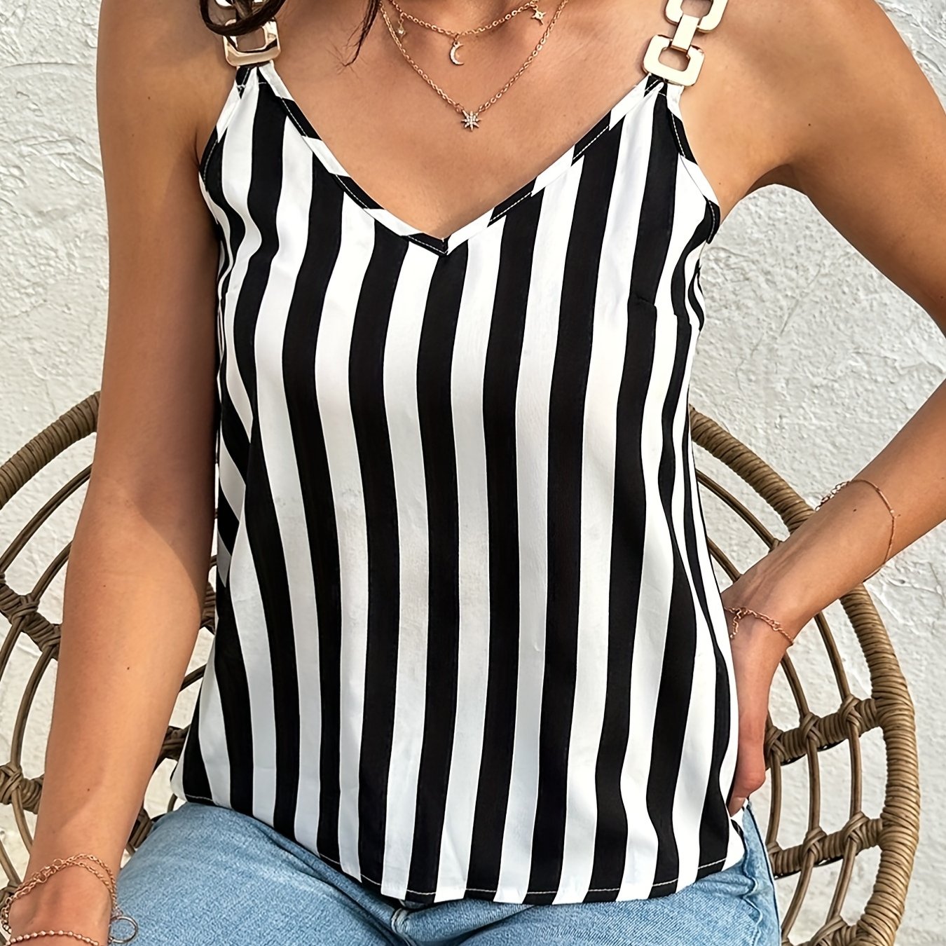 Striped Spaghetti Strap V Neck Sleeveless Cami Top