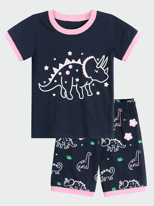 Girls Dinosaur Pajama Set Short Sleeve Tee & Shorts Sleepwear Loungewear