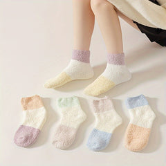 5 Pairs Colorblock Fuzzy Socks Comfy & Warm Mid Tube Socks Women's Stockings