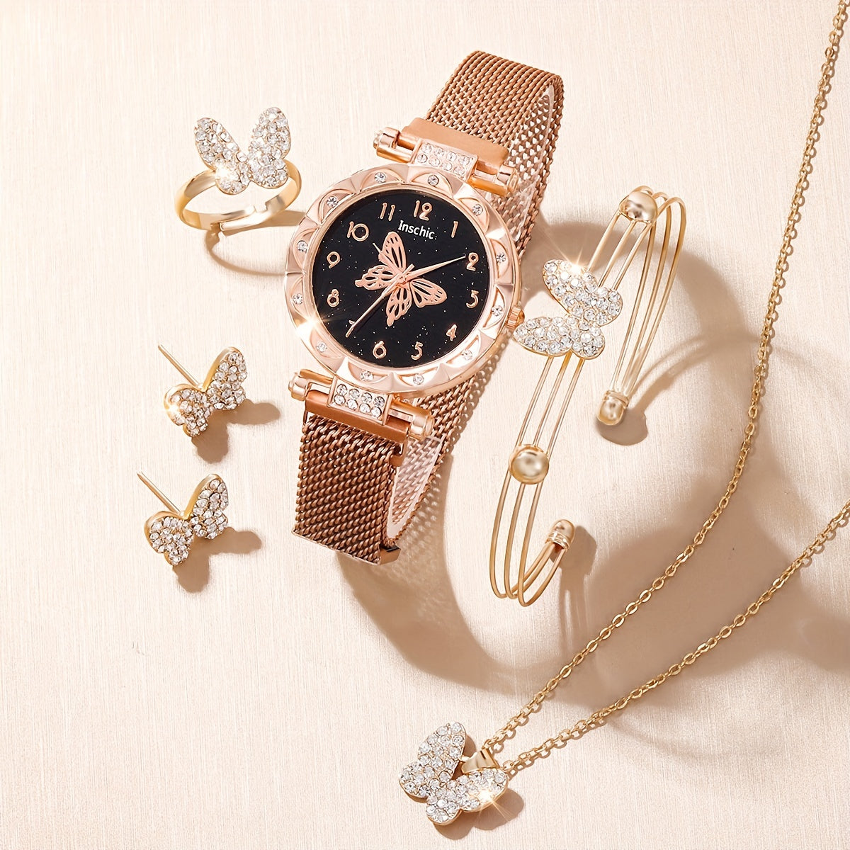Butterfly Rhinestone Quartz Watch with Bracelet and Jewelry Set