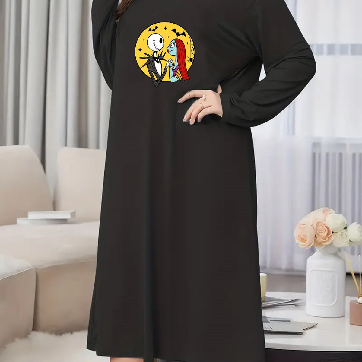  Gothic Nightdress Bat & Skull Print Long Sleeve Tee Sleep Dress