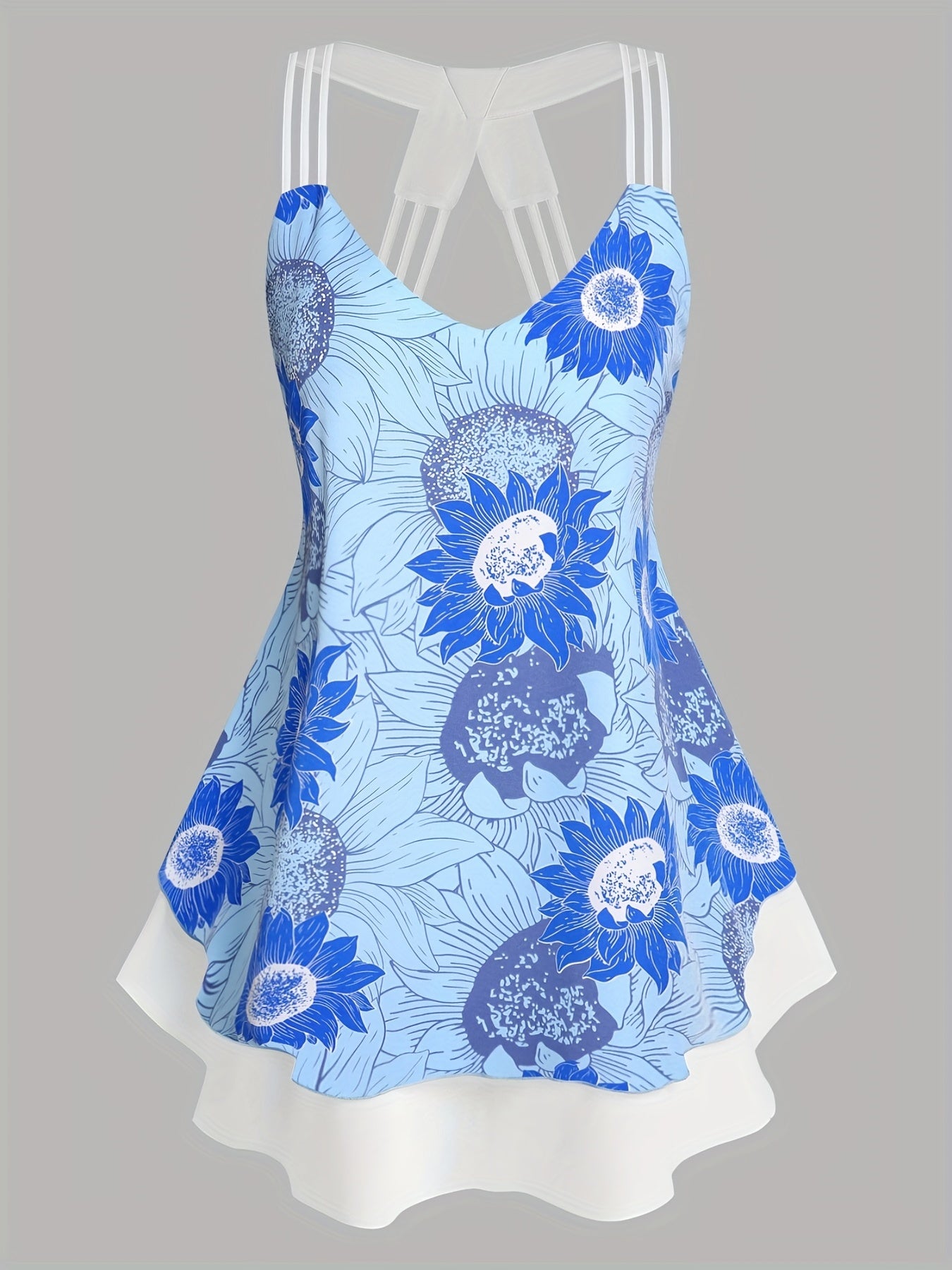  Floral Print V Neck Layered Split Strap Tank Top
